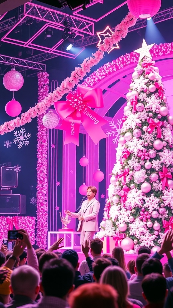 Jisung Jisung performing at a pink-themed Christmas event with festive decorations and a cheerful audience.